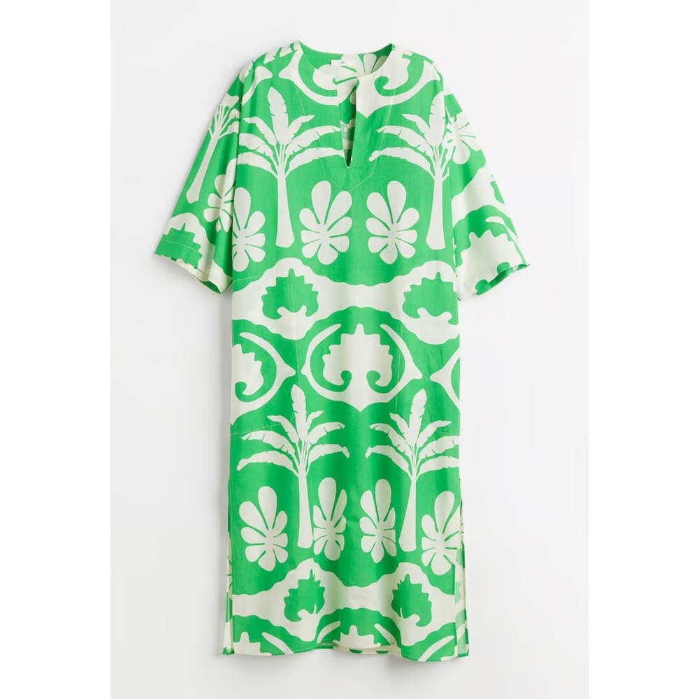 H&M Long Kaftan Green Palm Trees Midi Long Tropical Dress